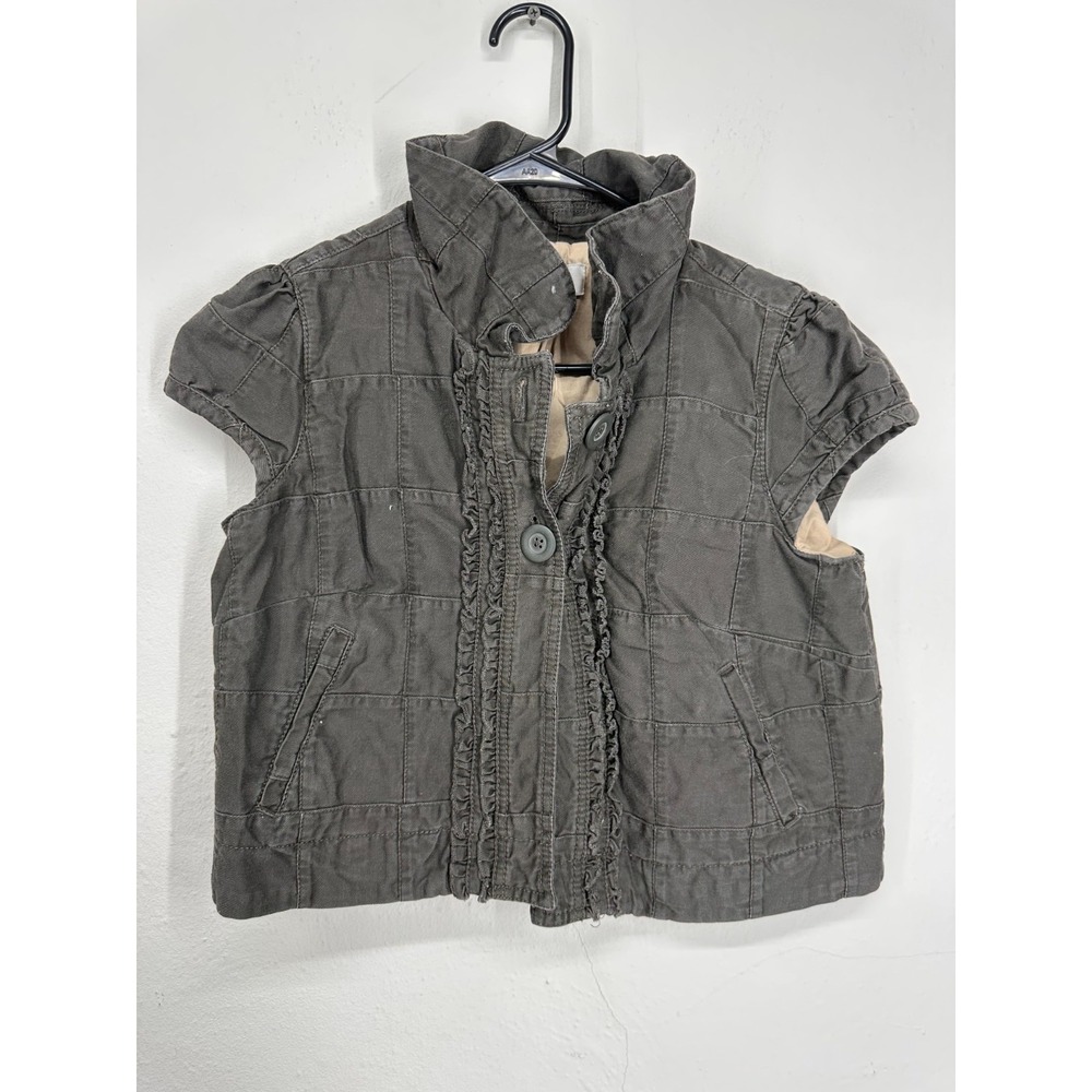 Y2K LOFT Ann Taylor Vest Bolero SMALL Gray Lined Ruffle Trim Cap Sleeve Button